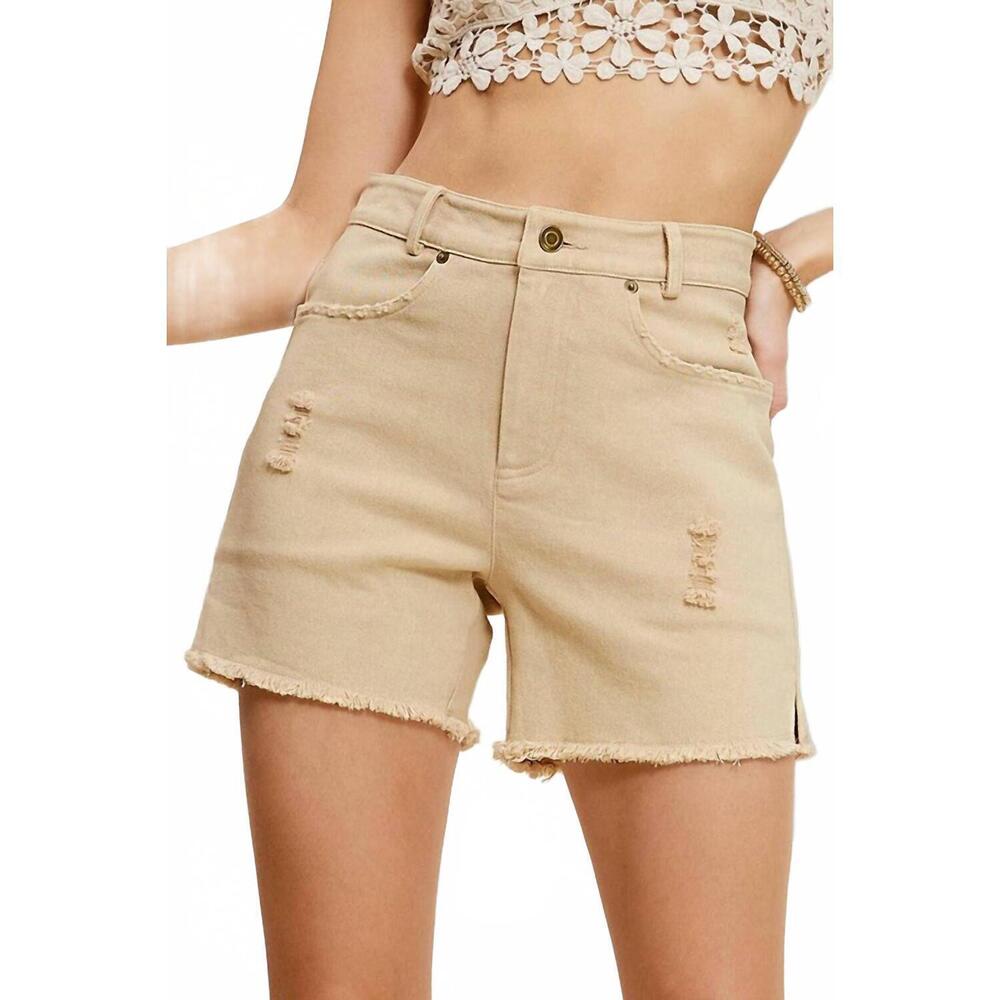 NEW LA MIEL mineral wash frayed hem denim shorts in sand